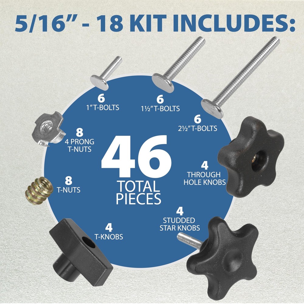46 Piece T Track Bolts and Knobs Kit, 5/16”-18 T Bolts & Threaded Knobs, T Tr...