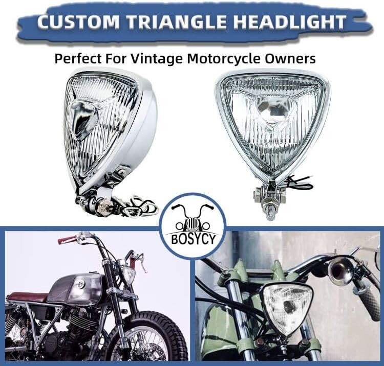 Vintage Motorcycle Chrome Headlight Triangle Front Spotlight Universal Fit