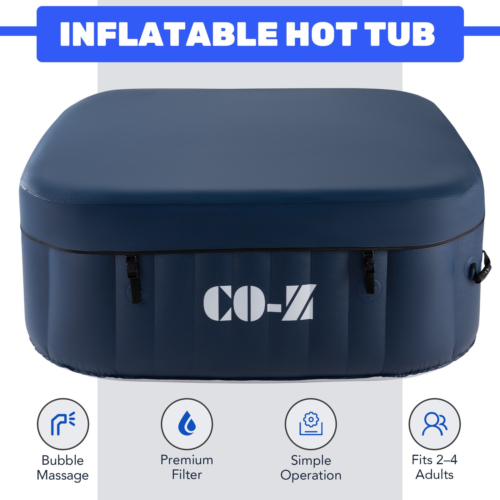 CO-Z Inflatable Spa Tub w 120 Air Jets Heater Air Pump Outdoor Square Tub