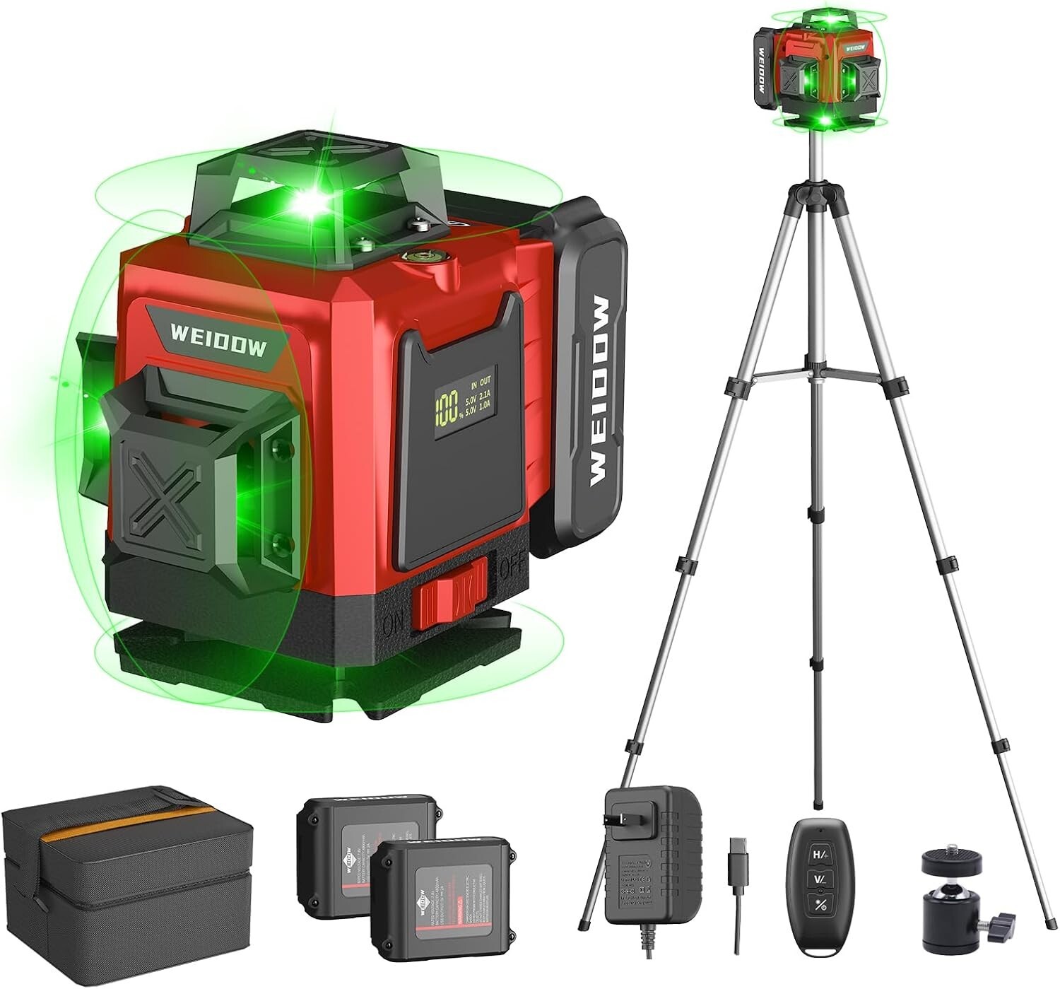 4D Laser Level 360° Self-Leveling Cross Line w/Tripod & two 4800 mAh Batteries
