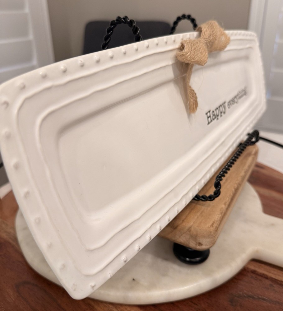 Mud Pie Ceramic Rectangle Platter White Glossy 'Happy Everything' Tray