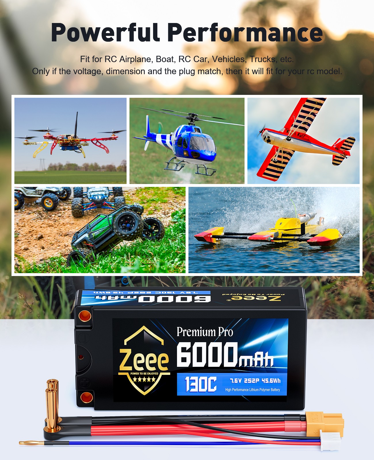 2xZeee 2S Shorty Lipo Battery 6000mAh 5mm Bullet to XT60 Plug 7.6V 130C HardCase