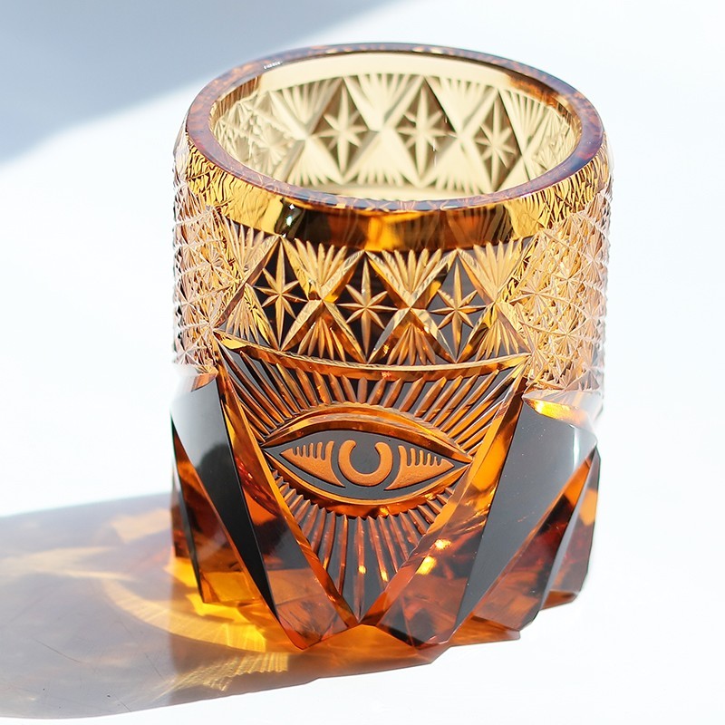 High-end Hand Carved Eye Pattern Edo Kiriko Glass Whisky Glass Amber Color