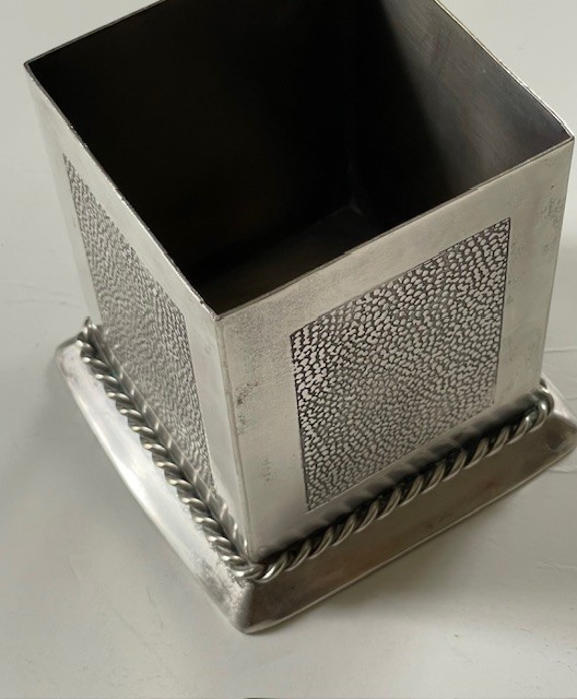 Open silver plate box; no mark, hammered sides, 3" square; desk accessory?