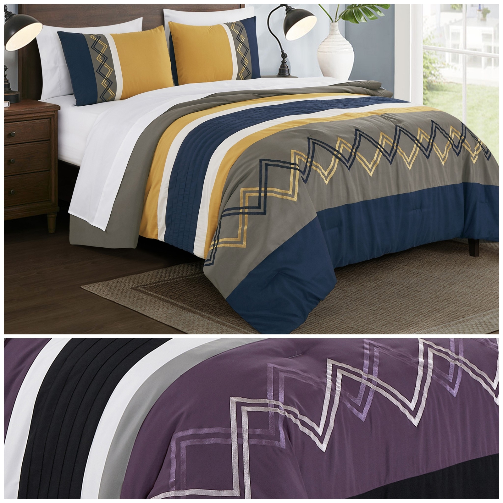 Chezmoi Collection 7-Piece Bed in a Bag Zigzag Embroidery Striped Comforter Set