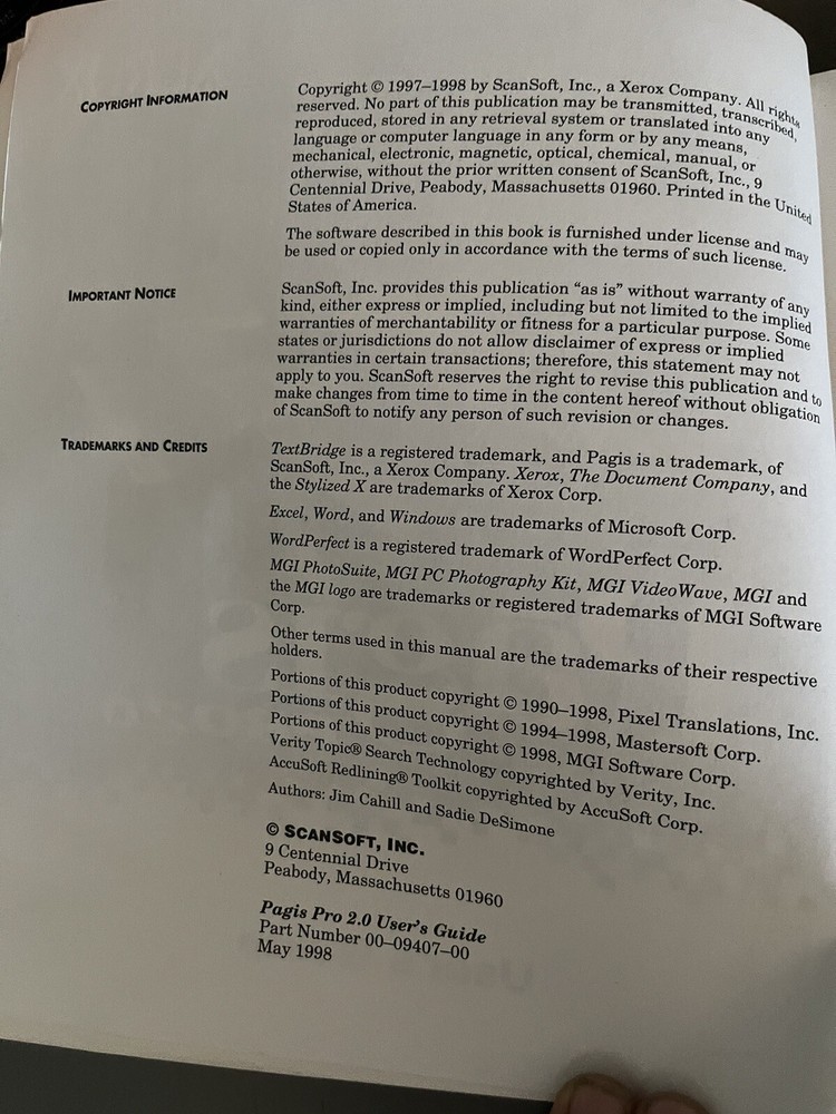 Xerox Pagis Pro 2.0 & Text Bridge Pro Users Guide Scanner Manual