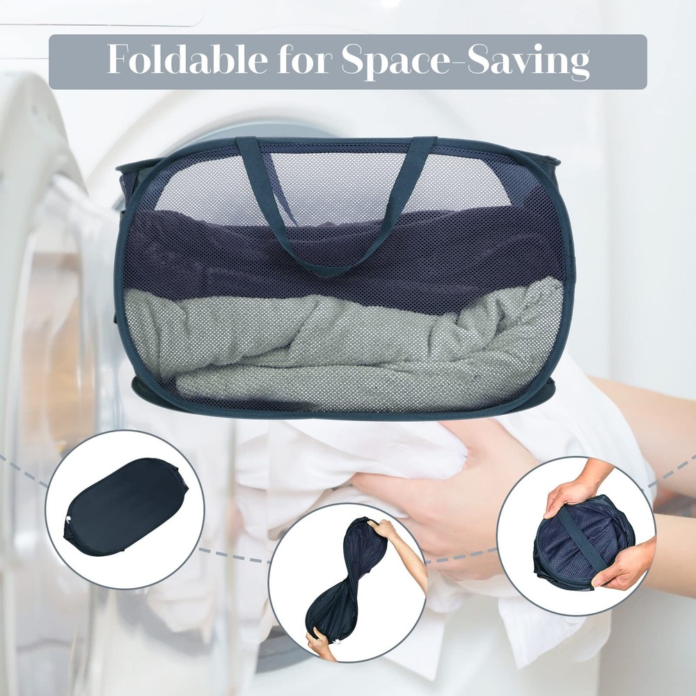 Durable Collapsible Laundry Baskets, Mesh Pop Up Laundry Hamper with Side Poc...