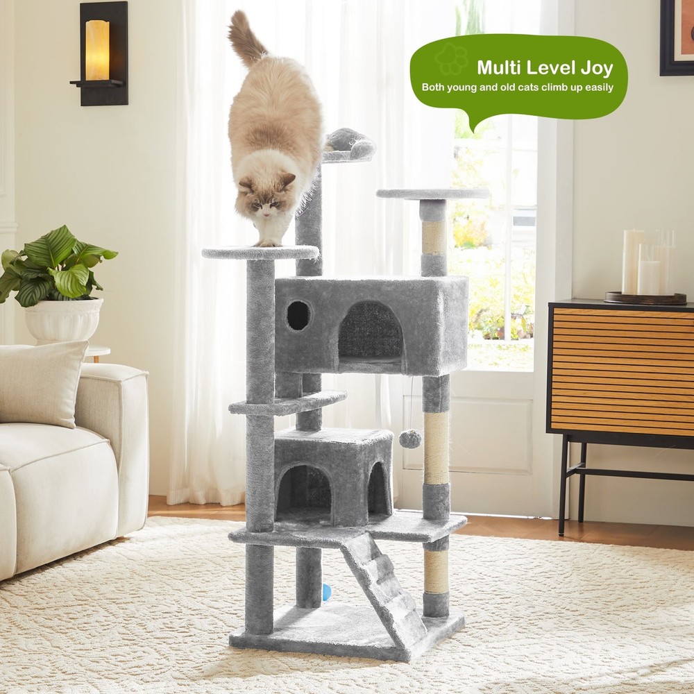 54" Indoor Cat Tree Tower with Multiple Levels, Sisal Scratching Post, Spacious