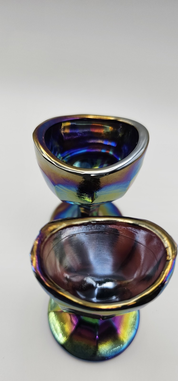 Lot 2 VTG Carnival Glass Eye Wash Cups Iridescent Optical Medical Amethyst