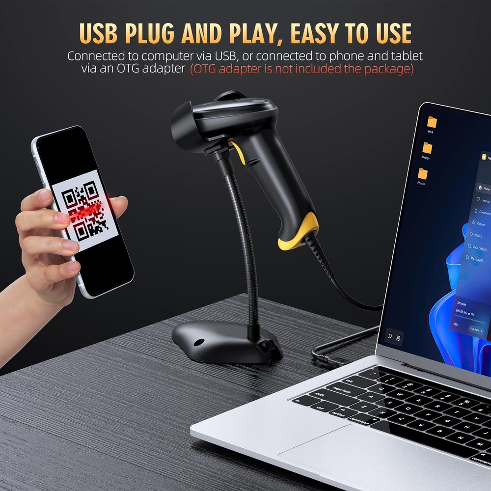 TEEMI 2D Barcode Scanner USB Wired Virtual COM Handheld Automatic QR BLACK