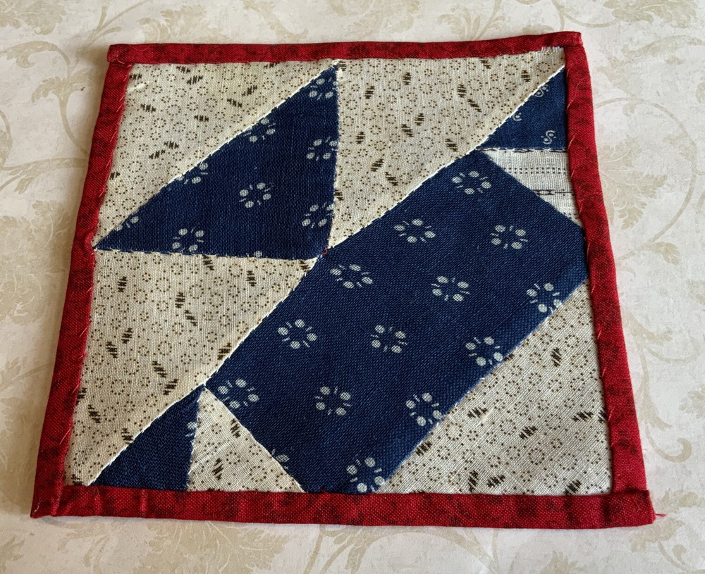 Vintage Patchwork Sm. Quilt Table Topper, Triangles, Early Calico Prints, Navy