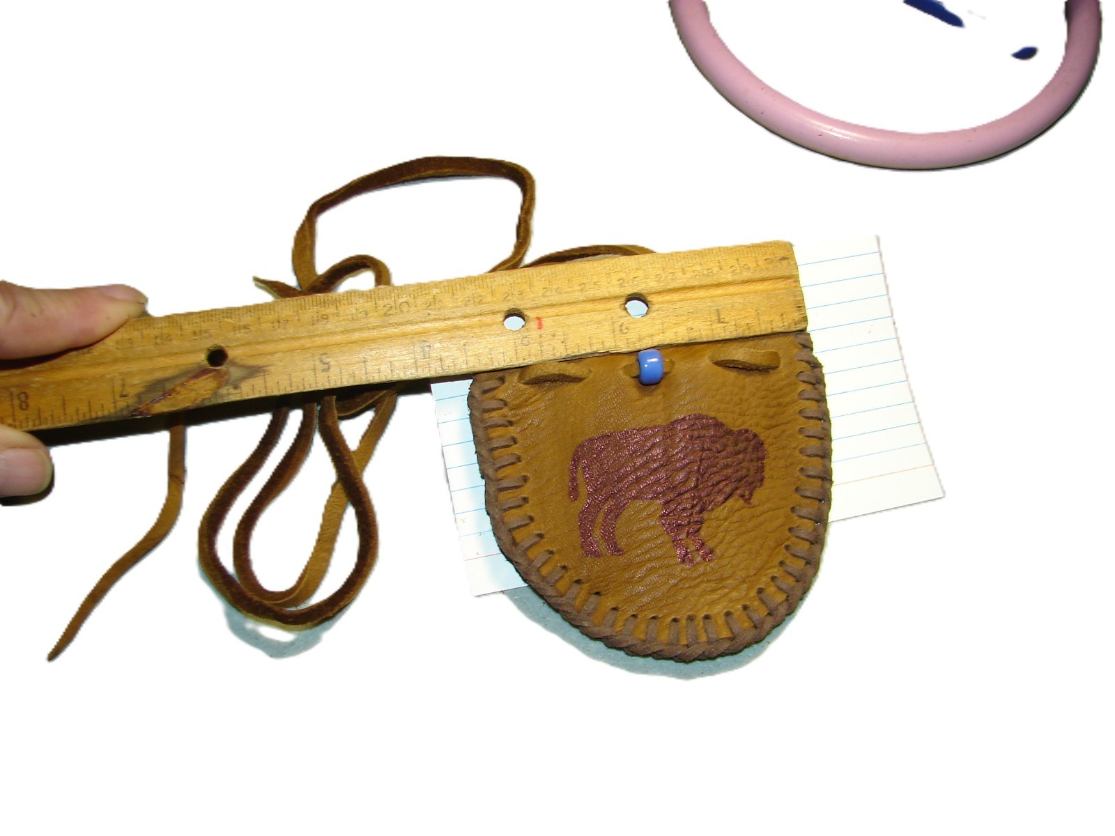 Native American Deerskin Leather Medicine Bag, Buffalo Graphic Tribal Pouch, 3"