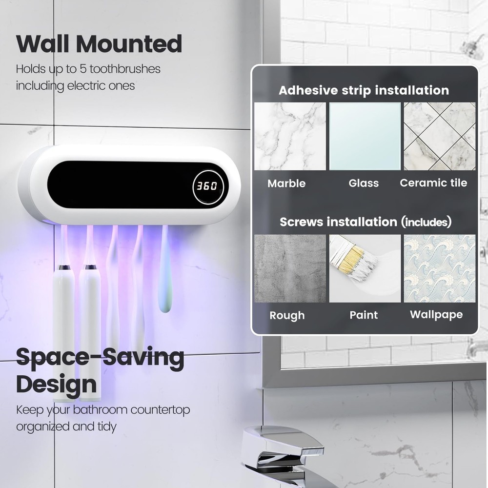 Toothbrush Holder, 5 Toothbrush Slots & Timer Function, Cordless Wall Mounted