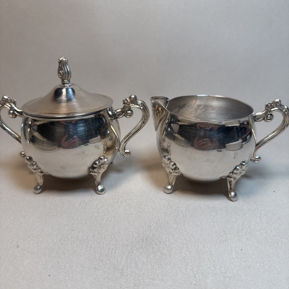 VINTAGE LEONARD SILVER PLATE SUGAR BOWL W/LID & CREAMER