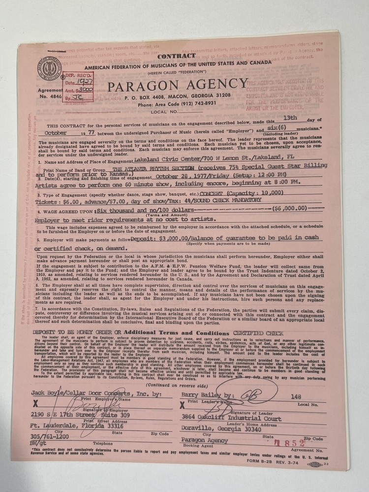 The Atlanta Rhythm Section Concert Contract 1977 Lakeland FL