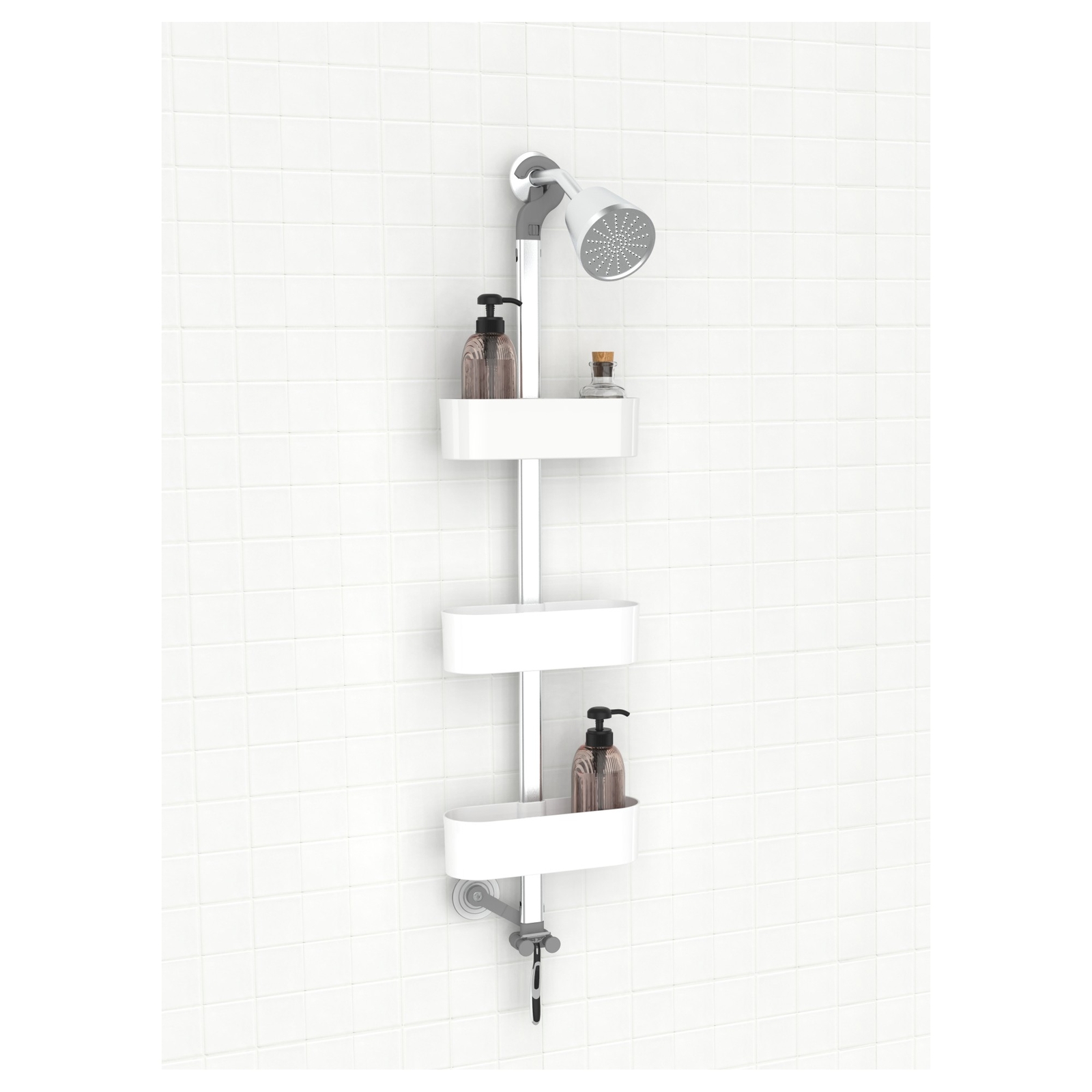 P. Nova Hanging 3 Tier Disassembled Plastic Shower Head Caddy, Aluminum Hooks