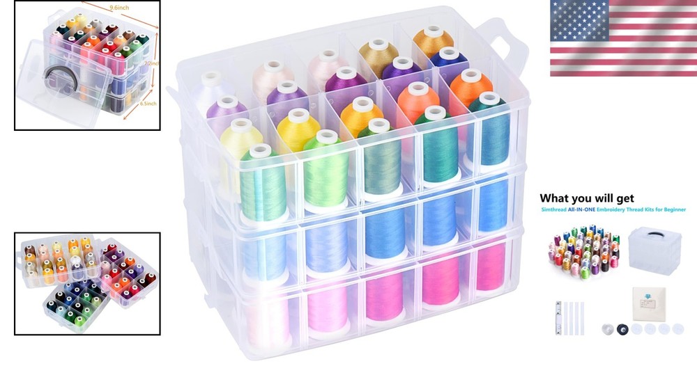 Embroidery Thread 63 Colors - 550yd Polyester Spools, Stackable Box, Starter Kit