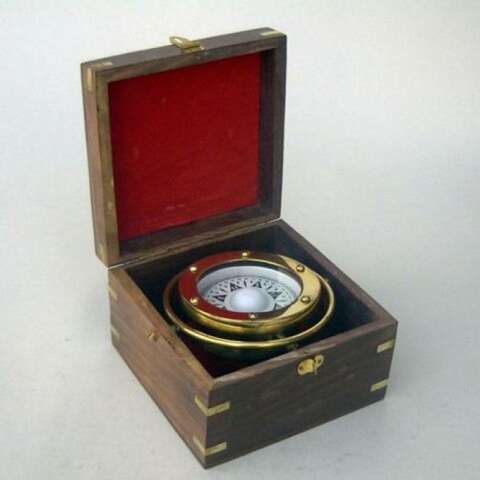 BRASS GIMBAL COMPASS BOXED ~ NAUTICAL COMPASS ~ MARITIME ~ PIRATE ~ COMPASS