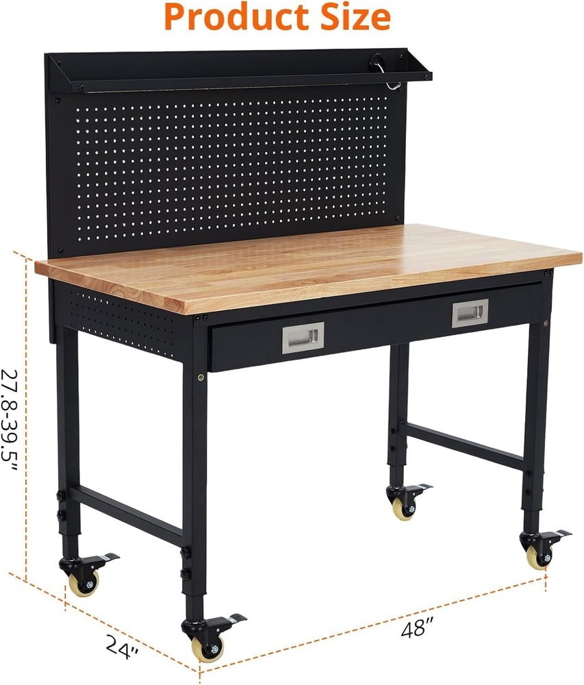 Multifunctional Adjustable Workbench 48"x24" w/ Pegboard Power Outlets & Wheels