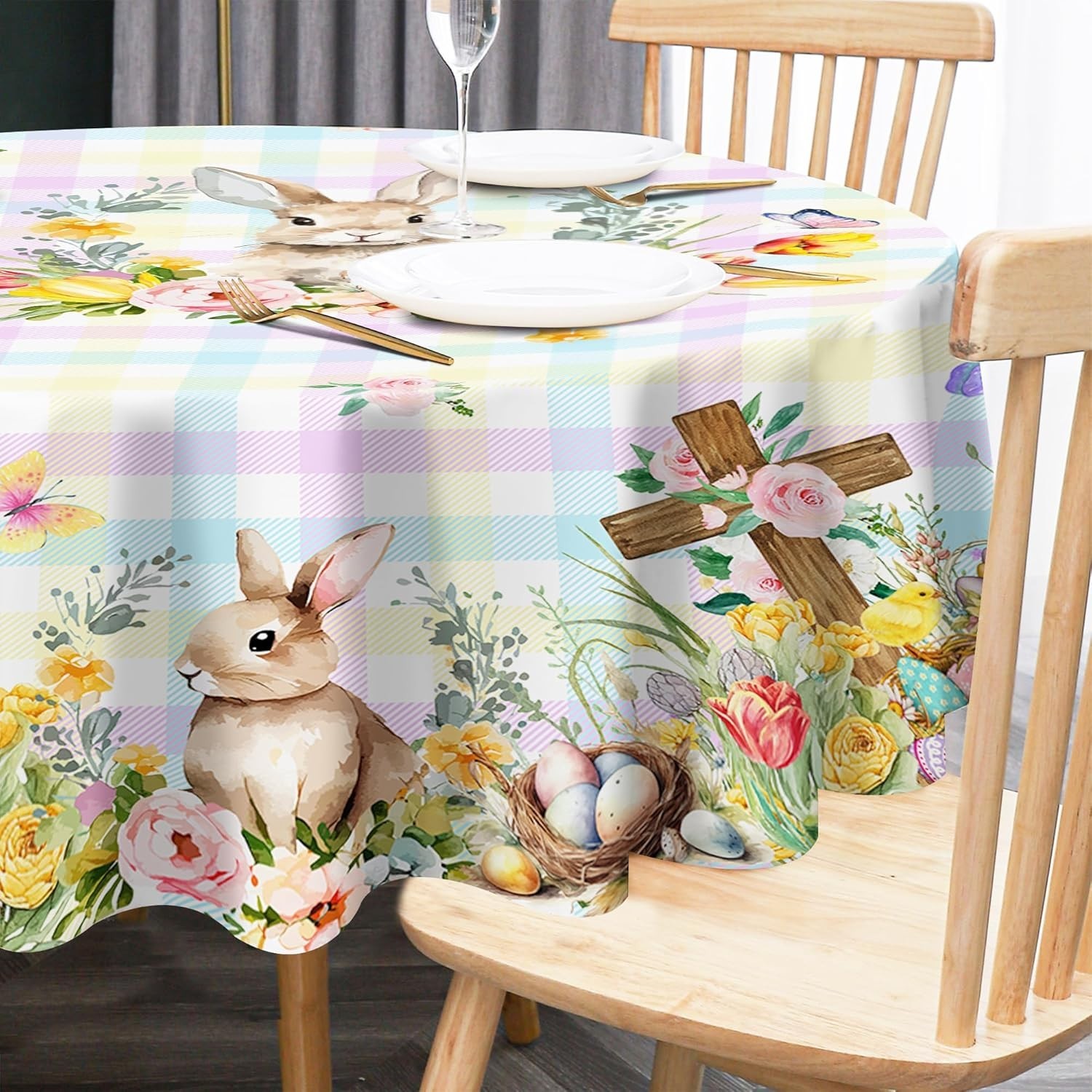 Easter Tablecloth, Easter Table Cloth Rectangle 60 X 84 with Bunny and Eggs, Buf