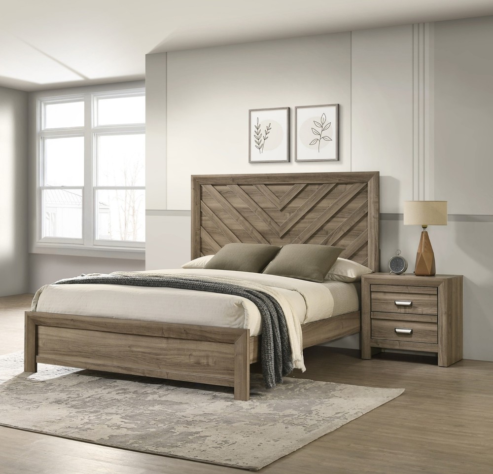 3pc Light Brown Queen Size Chevron-pattern Panel Bed 2x Nightstand Bedroom Set