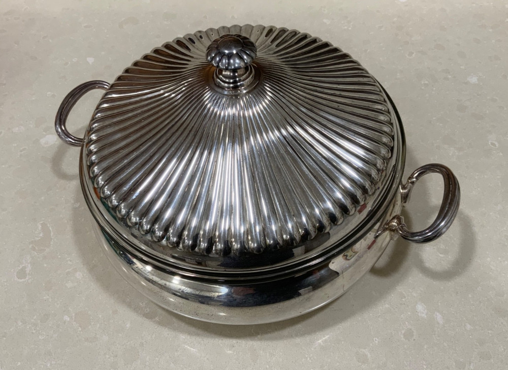 Vintage Gorham Silverplate Covered Casserole Dish w/ Glass Liner – Ribbed Lid