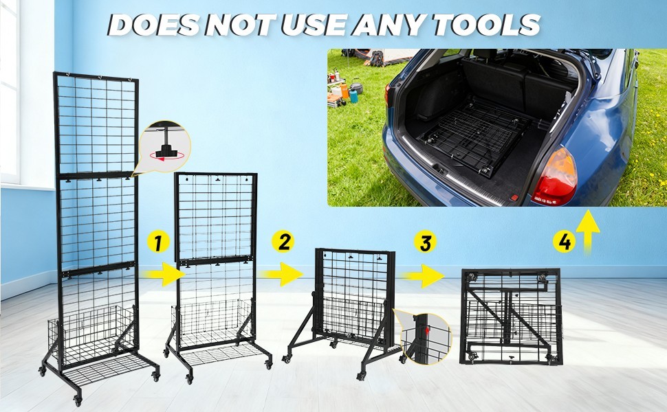 Display Grid Rack 6 ft Panel Foldable Craft Art Gridwall Tower W/ Basket & Tray
