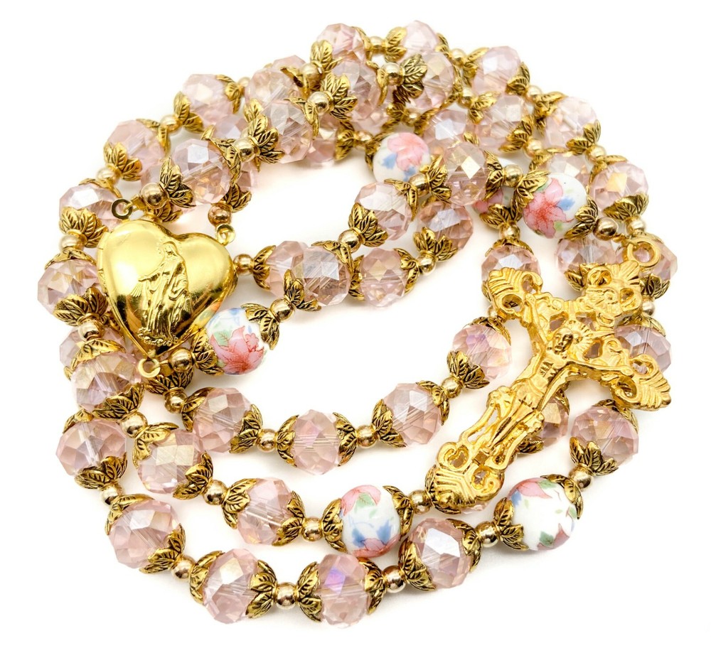 Pink Crystallized Beads Gold Rosary Catholic Holy Mary Locket Medal & Crucifix