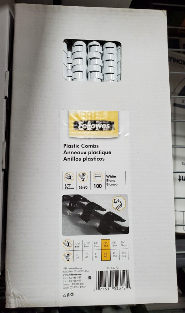 *100 PACK* Fellows 1/2"-12mm Plastic Combs 90 Sheet Capacity | White