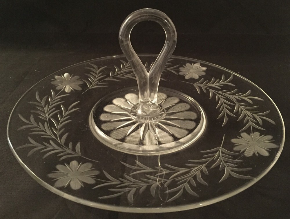 Handled Clear Etched Glass Snack Tray