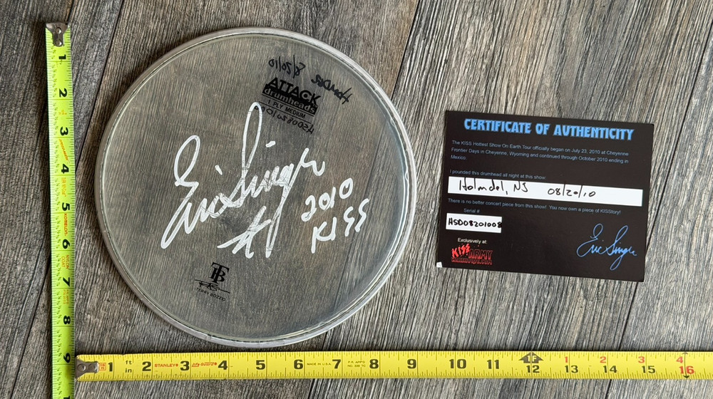 KISS Drumhead ERIC SINGER Concert Used Signed Autograph CoA 8" NJ 2010 Tour