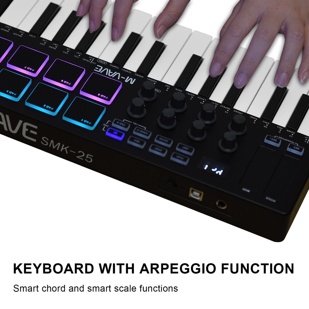 M-VAVE 25-Key USB MIDI Keyboard Controller with 8 Backlit Drum Pads 8 Knobs J0H1