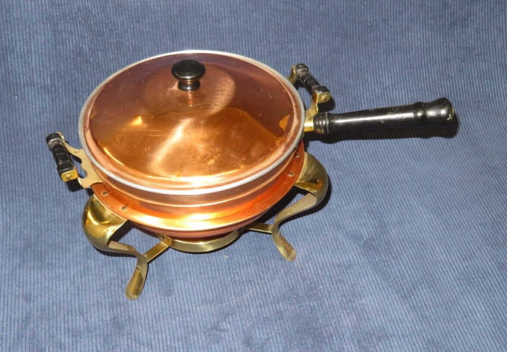 Antique Round 15.5" Copper Double Handled Chafing Warming Dish w/ Burner & Stand