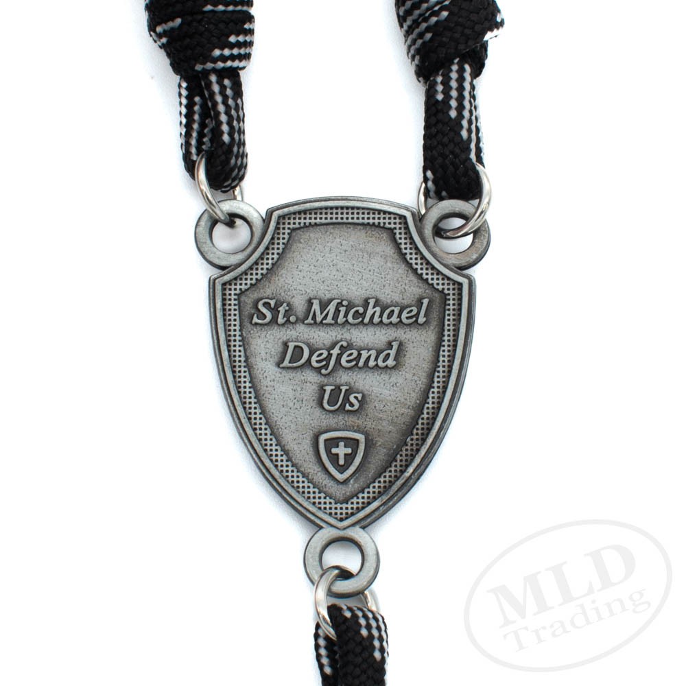 Saint St Michael Black Rosary Necklace – Large Paracord Wood Beads Design 26"