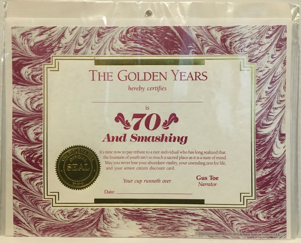 70th Birthday Certificate Document w/ Envelope Ready to Personalize Mail & Frame