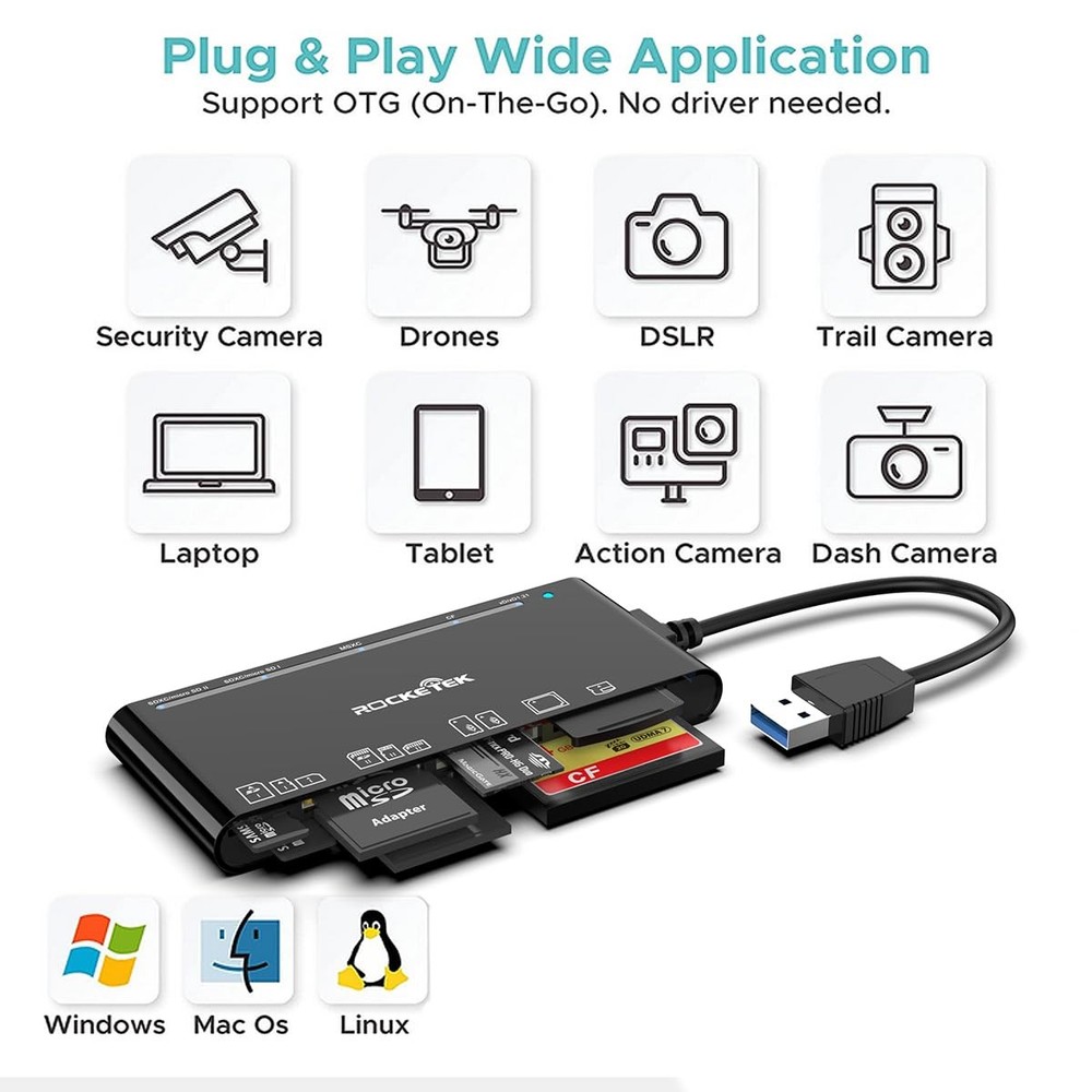XD Multi Card Reader, SD/TF/CF/Micro SD/XD/MS 7 in 1 USB3.0 Fast 5Gbps Black