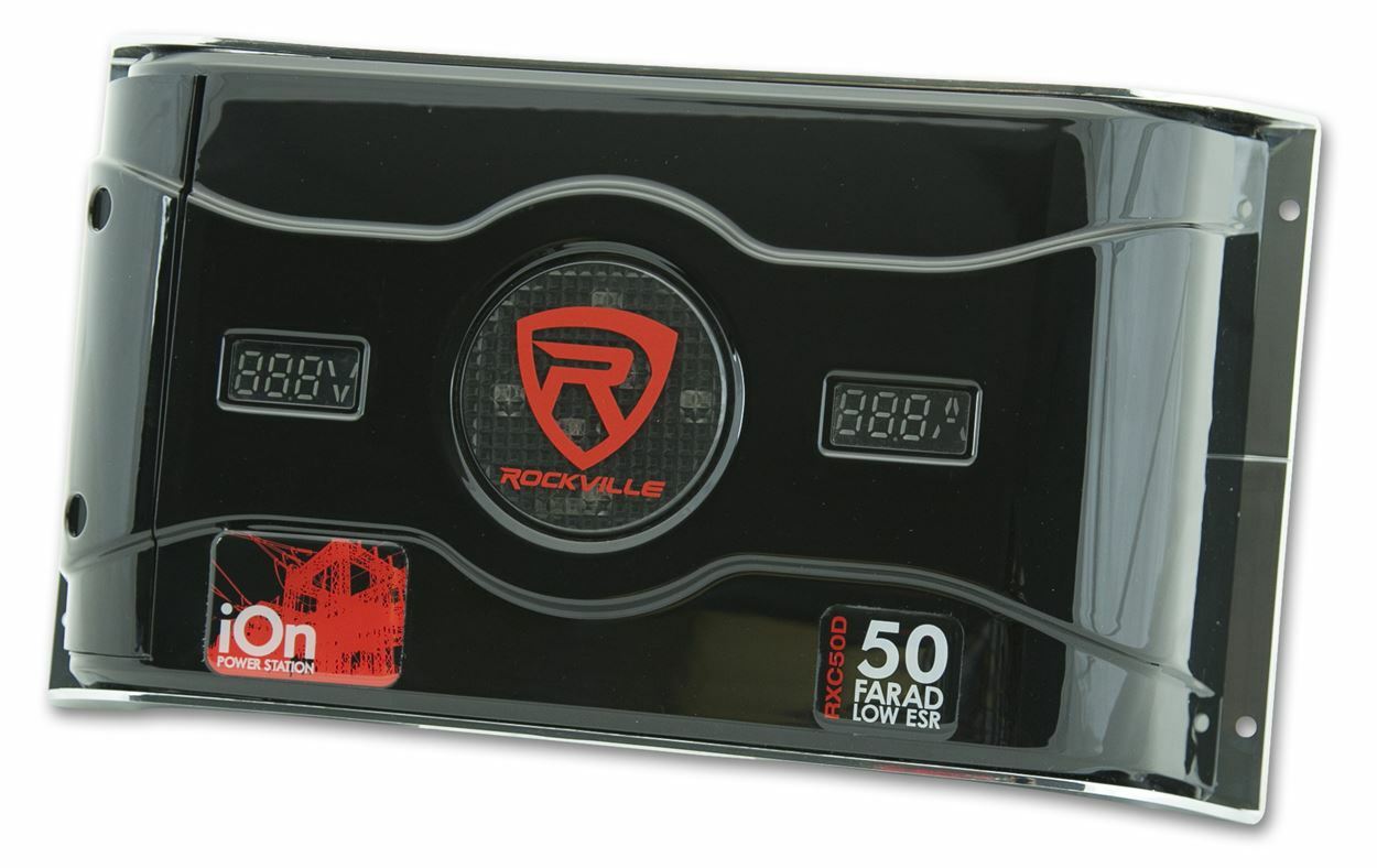 Rockville 50 Farad Hybrid LED Car Capacitor w/Dual Meters+0 Gauge Amp Wire Kit