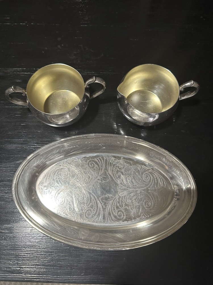 WM A. ROGERS Silverplate Creamer, Sugar Bowl & Tray Set Engraved Tableware