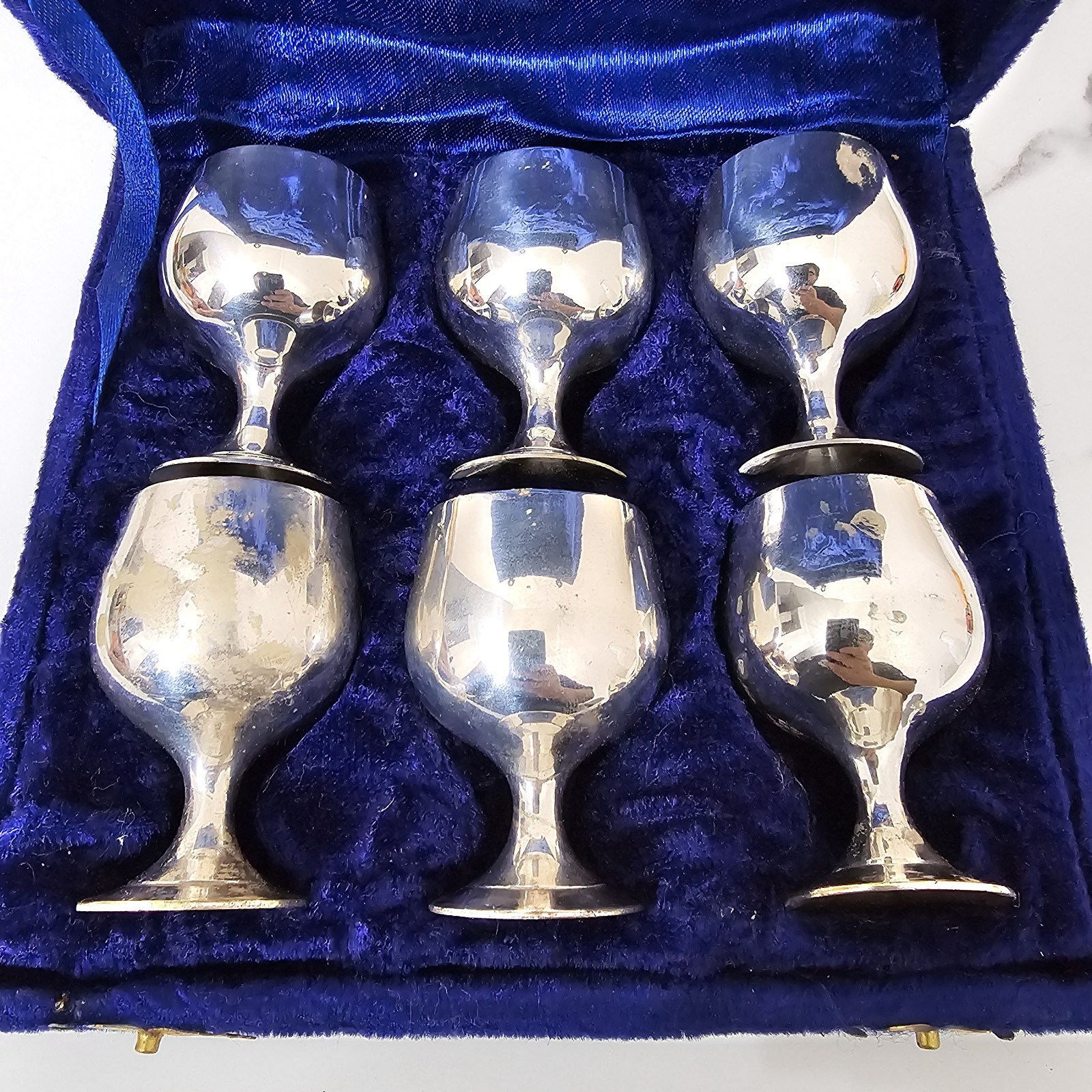 Silver Plated Goblets Set of 6 Small Sherry Cups 2.25" Velvet Case Vintage