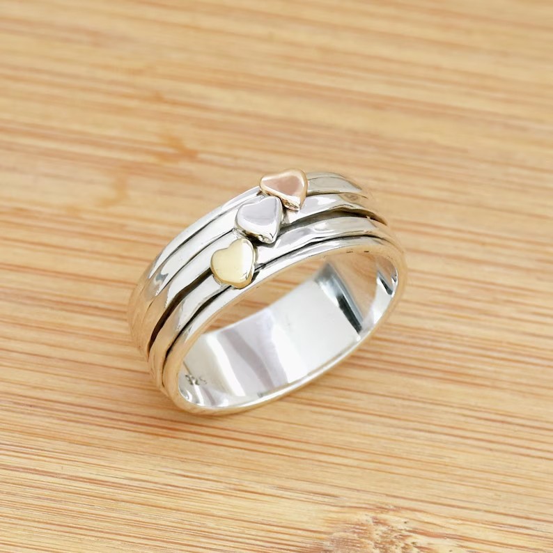 Solid 925 Sterling Silver Heart Spinner Meditation Worry Three-Color Mixed Ring