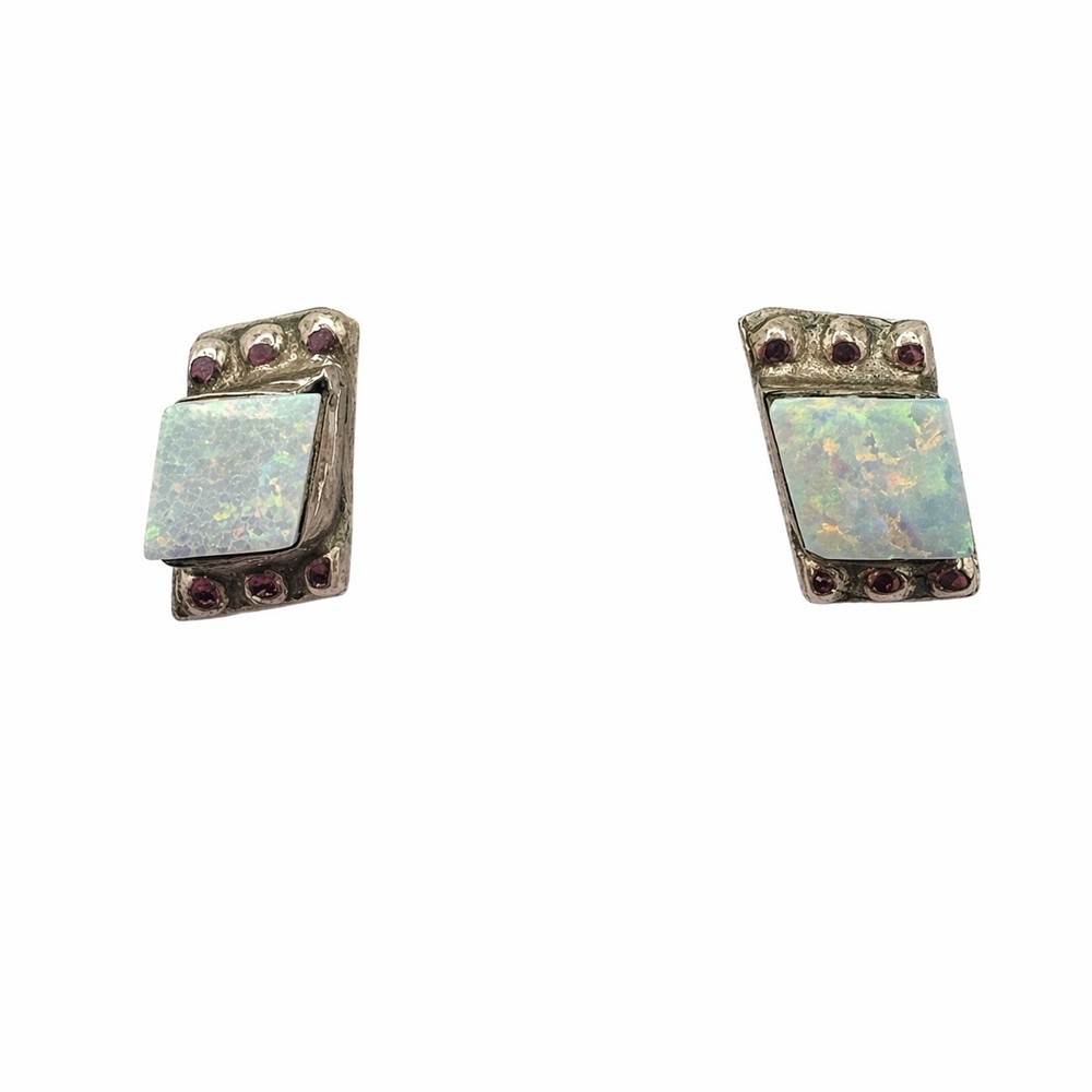 925 Sterling Silver Opal Inlay Stud Earrings Rectangular Artisan Vintage READ