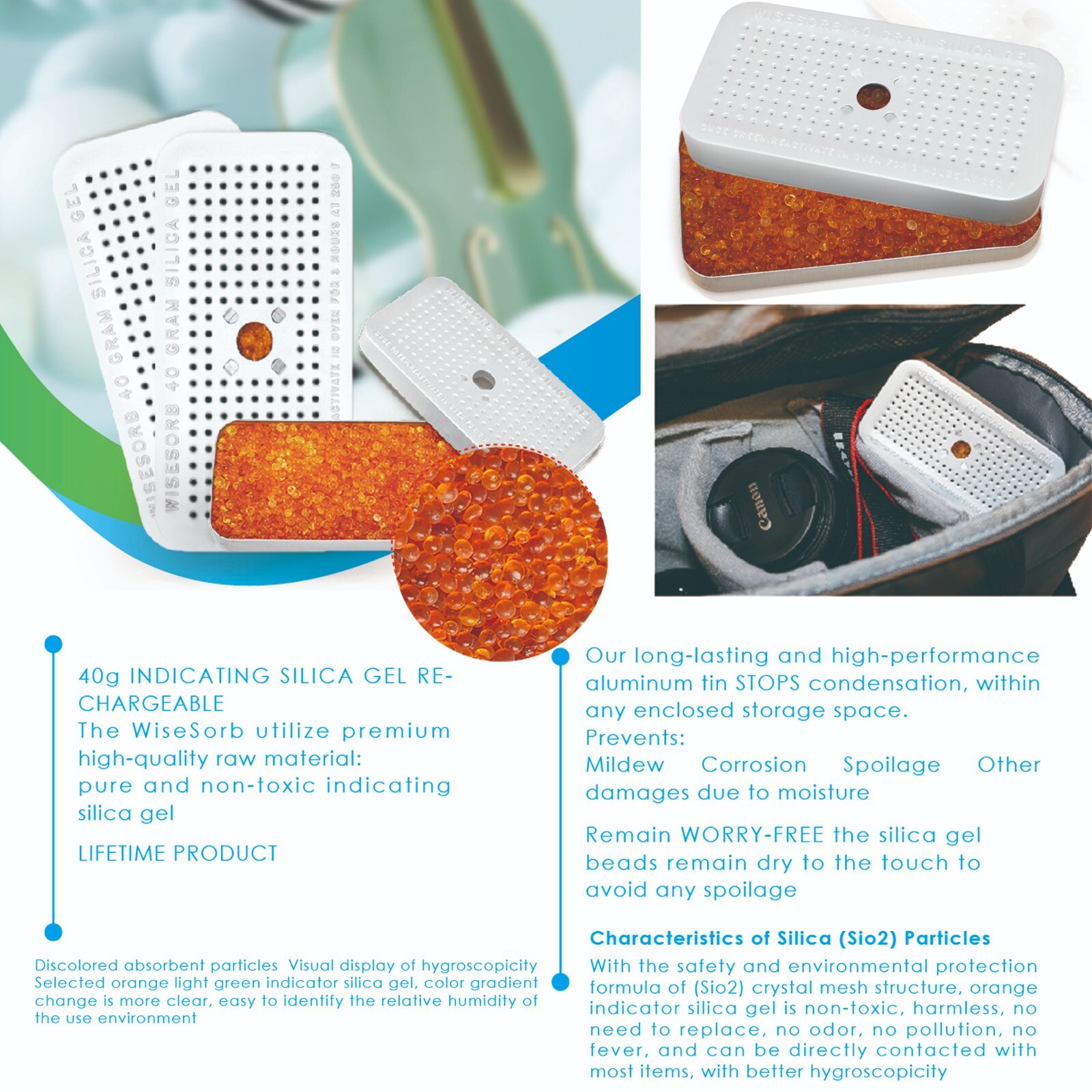 40 Gram 10 Pack Silica Gel Canister Reusable Indicating Desiccant Dehumidifier