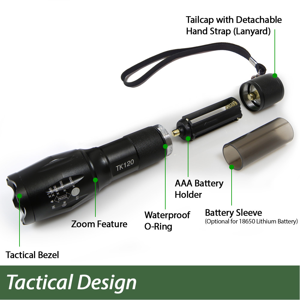 TK120 LED Tactical Flashlight 5 Light Modes Adjustable Zoom Great Gift for Men