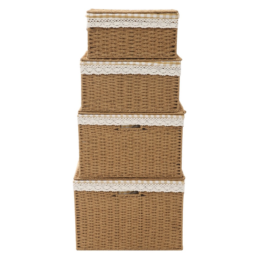 4 Pieces Light Brown Rustic Rectangular Woven Baskets With Handles Lace Lid