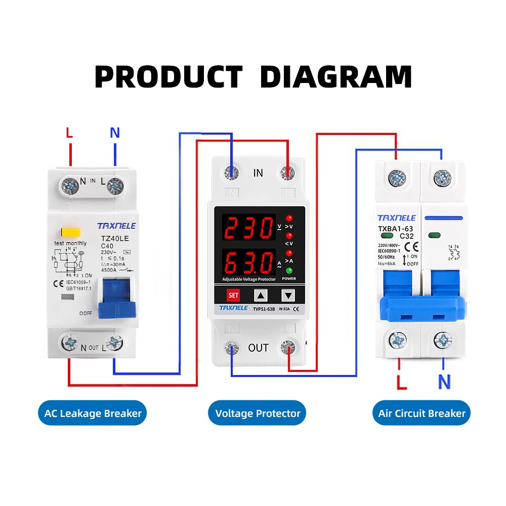 220V 63A Adjustable Voltage Relay Over Under Voltage Protector Wattmeter Meter
