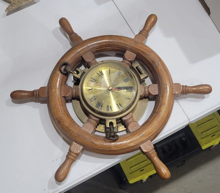 Vintage Ships Wheel Clock Solid Brass Wood Wheel
