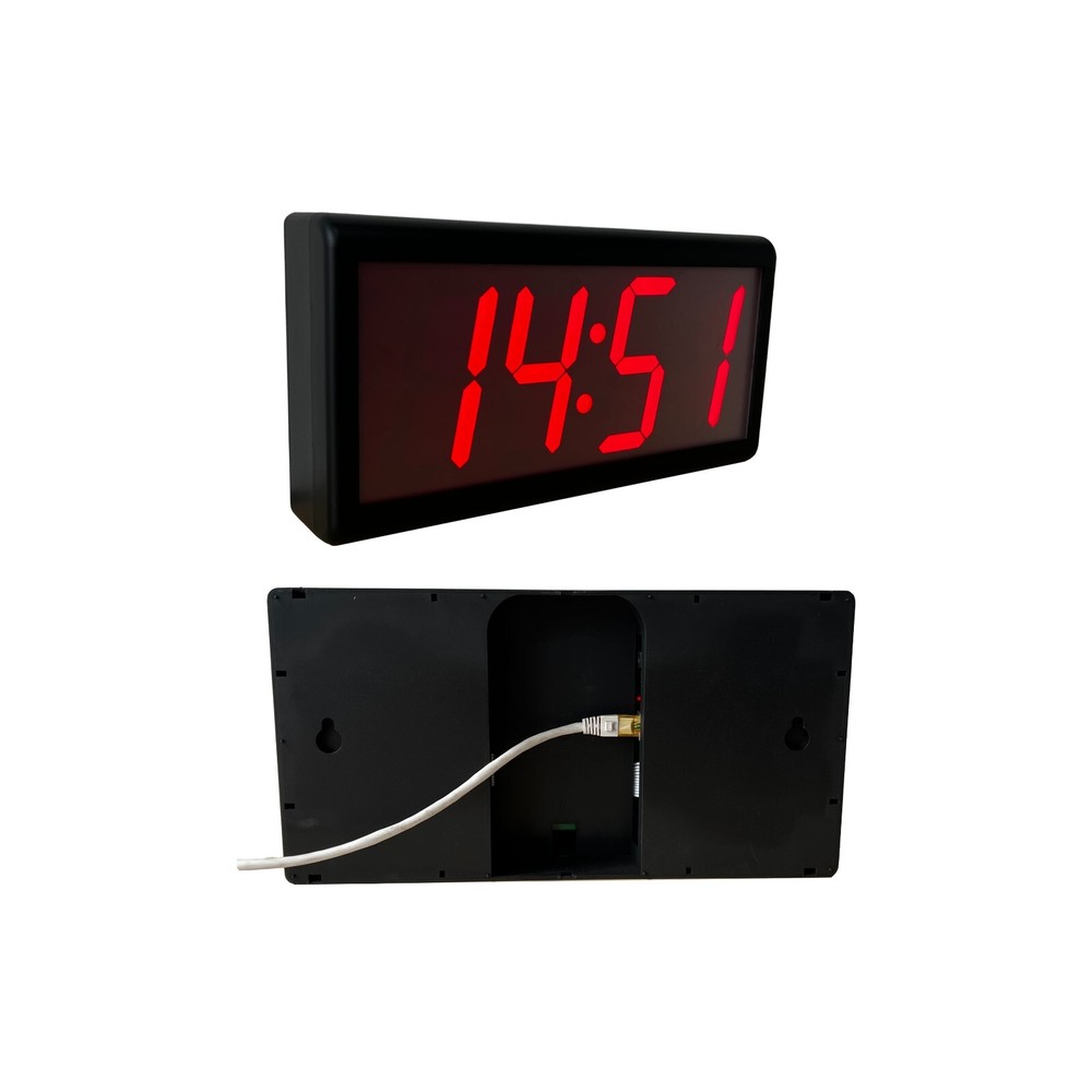 4" 4 Digit IP PoE Clock, Red LEDs, Black Plastic Case, Automatic DST Reset