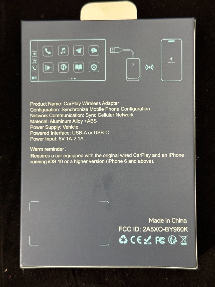 Wireless Car Play Adapter Model BY960H - TESTED. IT WORKS.