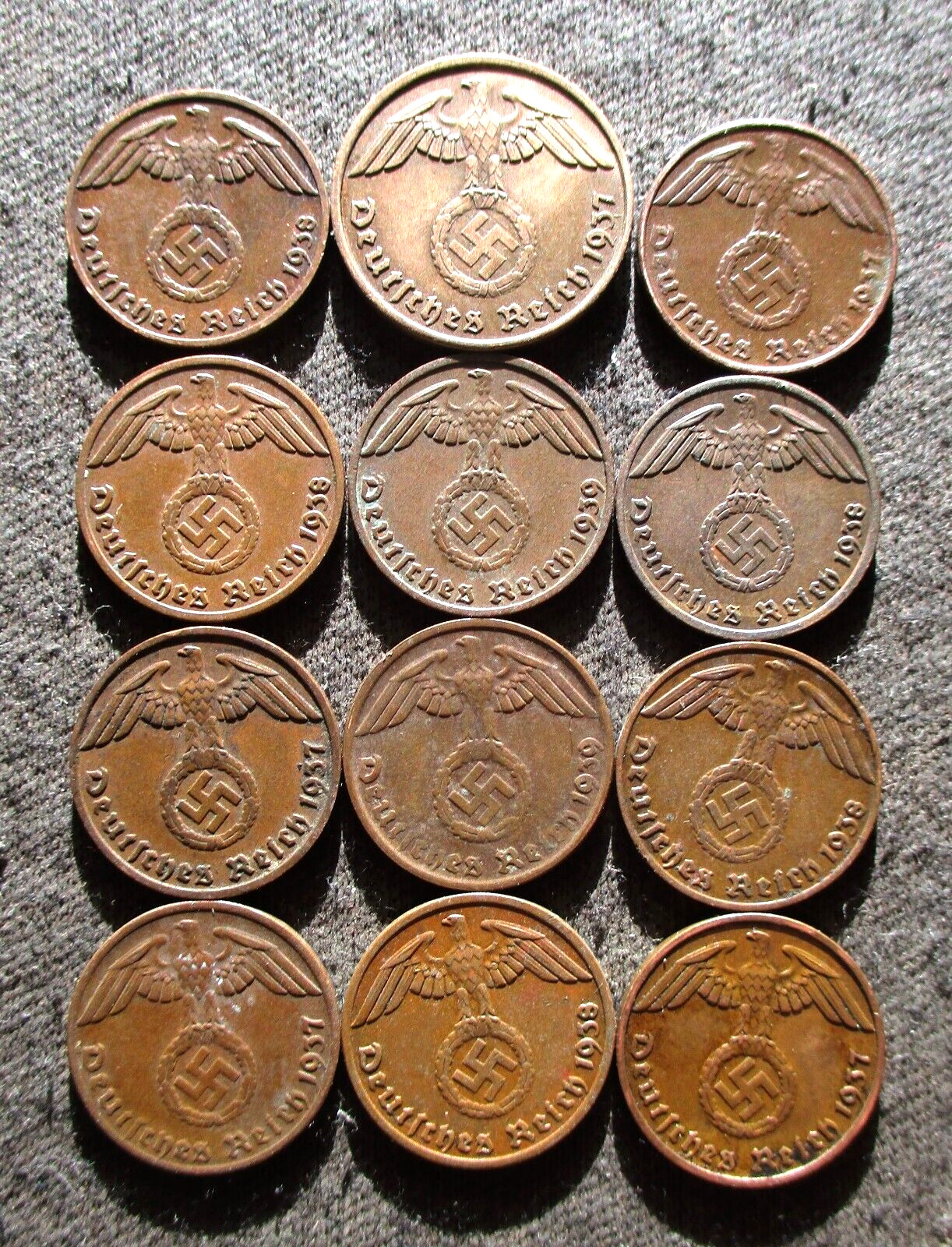 LOT OF AUTHENTIC OLD COINS OF THIRD REICH NAZI GERMANY (1937-1939) WORLD WAR II