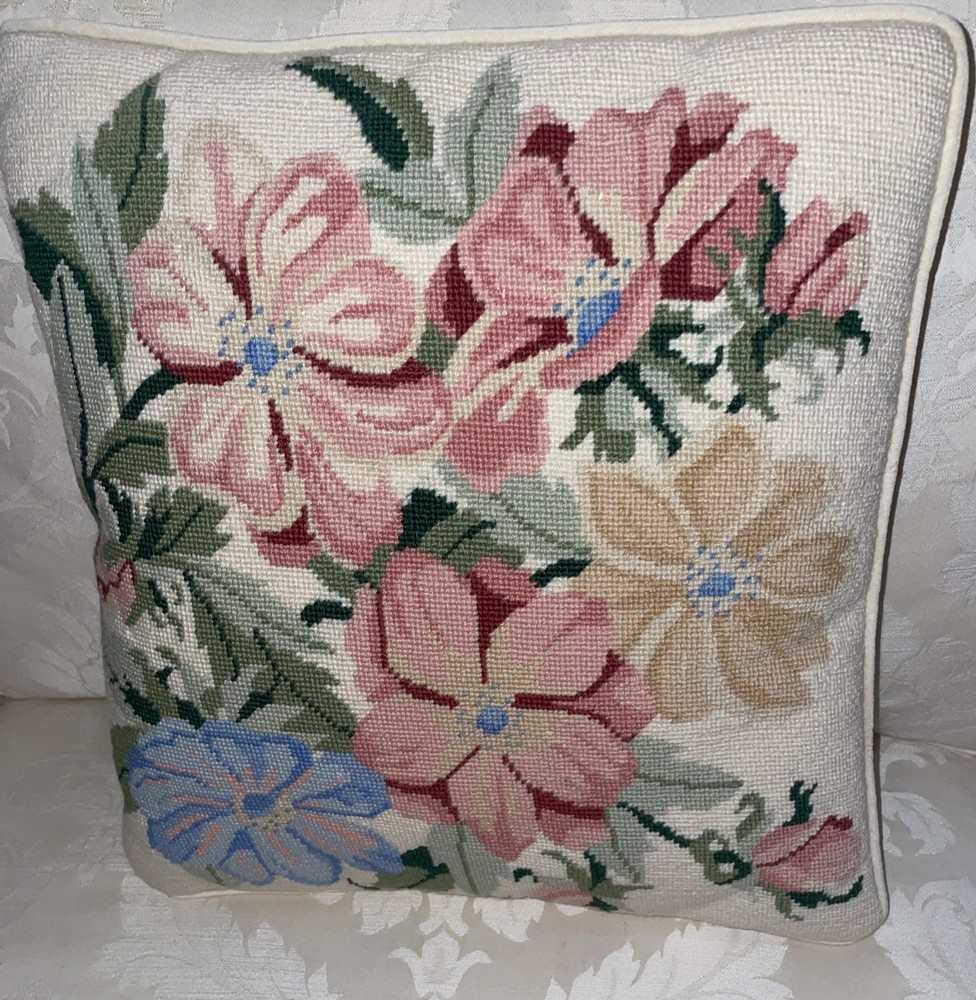Vintage Needlepoint Flower Pattern 14 x 13 Pillow.